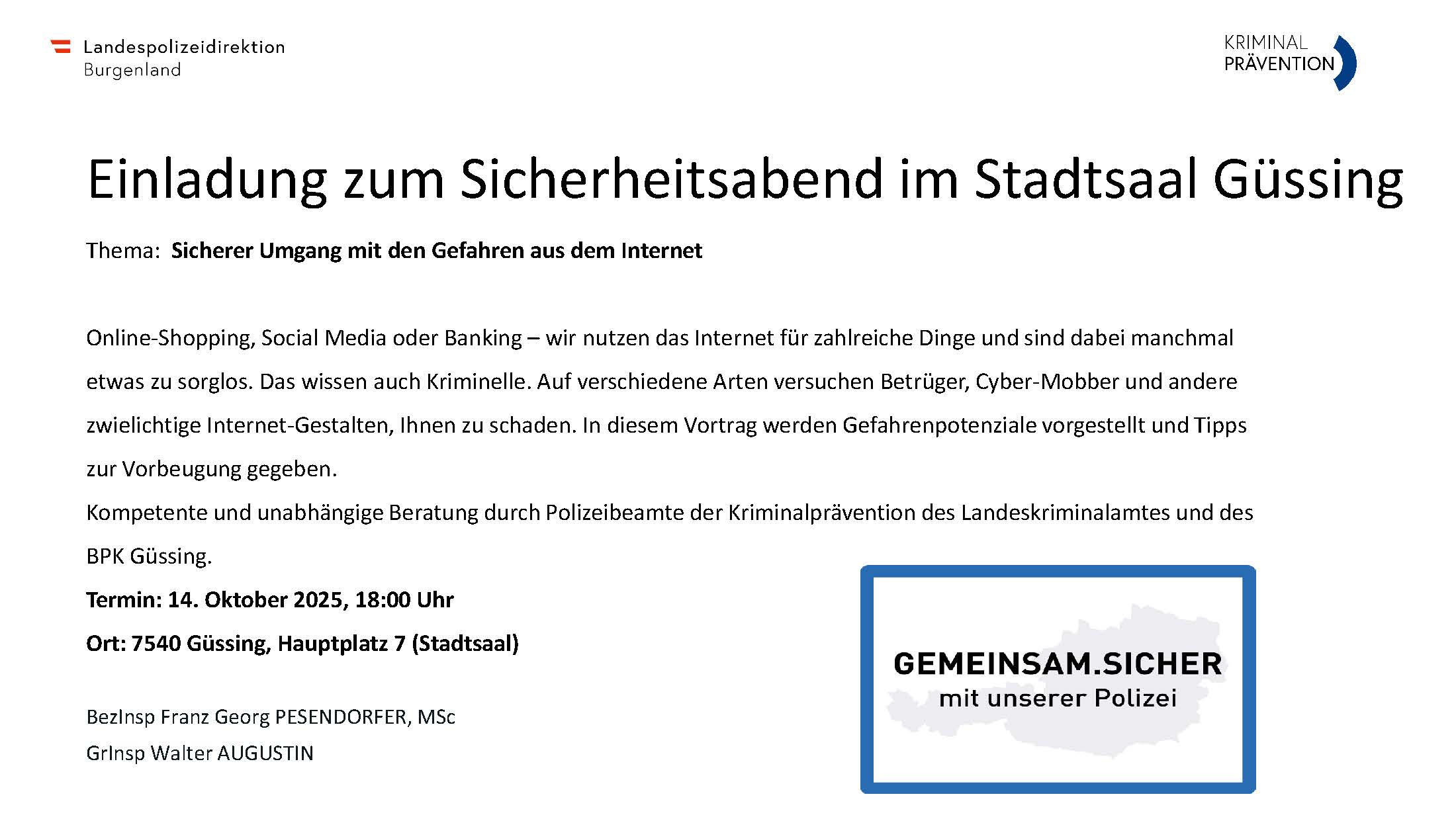 Einladung Sicherheitsabend Güssing Oktober 2025